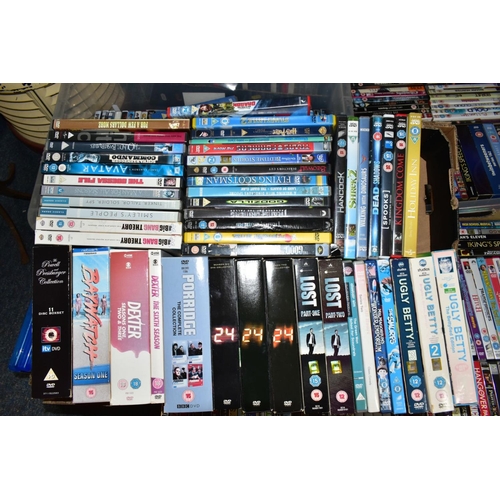 697 - NINE BOXES OF DVD'S, ETC, to include films - Hellboy, Safe House, Hitch, Kings Speech, Black Hawk Do... 