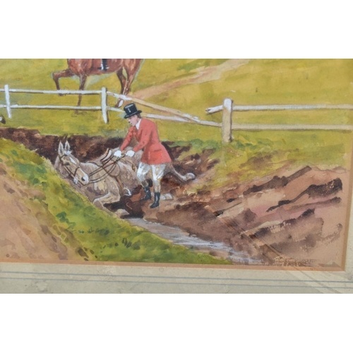 705 - W. MCDADS (20TH CENTURY) a pair of hunting scene watercolours, one with a horse and rider in a ditch... 