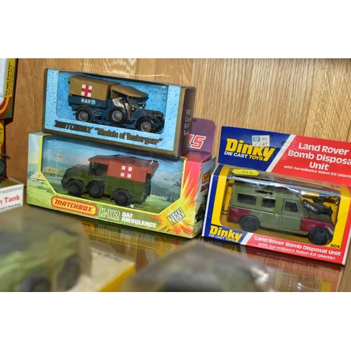 714 - A QUANTITY OF BOXED DIECAST MILITARY VEHICLES, DINKY, CORGI AND MATCHBOX, to include Corgi Toys Tank... 