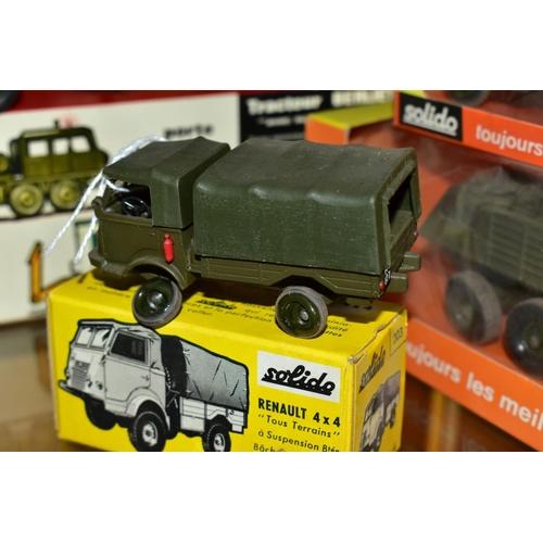 715 - A QUANTITY OF BOXED SOLIDO DIECAST MILITARY VEHICLES, Berliet Tank Transporter, No. T12, Renault 4 x... 