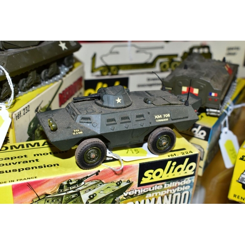 715 - A QUANTITY OF BOXED SOLIDO DIECAST MILITARY VEHICLES, Berliet Tank Transporter, No. T12, Renault 4 x... 