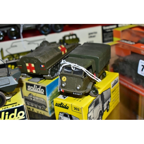 715 - A QUANTITY OF BOXED SOLIDO DIECAST MILITARY VEHICLES, Berliet Tank Transporter, No. T12, Renault 4 x... 