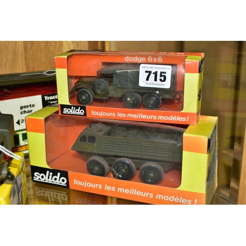 715 - A QUANTITY OF BOXED SOLIDO DIECAST MILITARY VEHICLES, Berliet Tank Transporter, No. T12, Renault 4 x... 