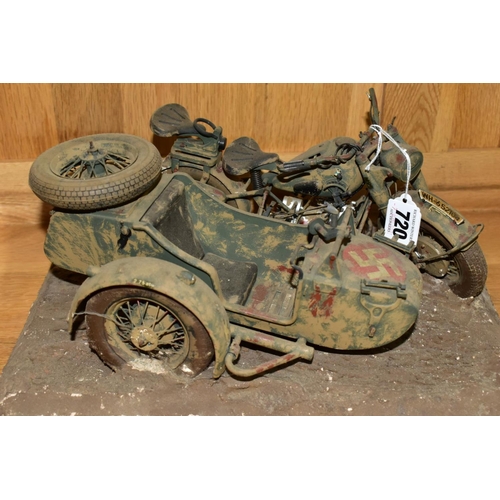 720 - TWO LARGE SCALE CONSTRUCTED PLASTIC GERMAN MILITARY MOTORBIKE MODEL KITS, one depicts a N.S.U. Kette... 