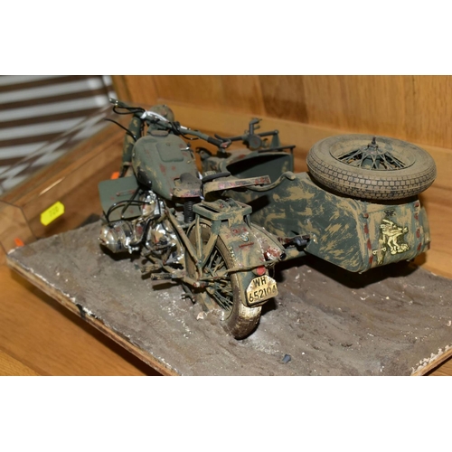 720 - TWO LARGE SCALE CONSTRUCTED PLASTIC GERMAN MILITARY MOTORBIKE MODEL KITS, one depicts a N.S.U. Kette... 