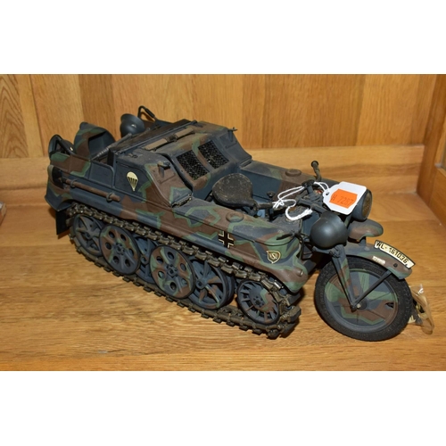 720 - TWO LARGE SCALE CONSTRUCTED PLASTIC GERMAN MILITARY MOTORBIKE MODEL KITS, one depicts a N.S.U. Kette... 