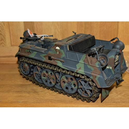 720 - TWO LARGE SCALE CONSTRUCTED PLASTIC GERMAN MILITARY MOTORBIKE MODEL KITS, one depicts a N.S.U. Kette... 