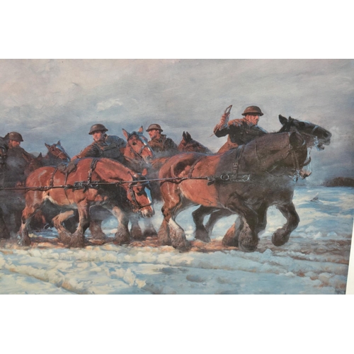 721 - LUCY KEMP-WELCH (1869-1958) 'BIG GUNS TO THE FRONT' a framed print depicting soldiers and heavy hors... 