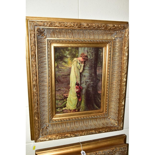 725 - TWO GILT FRAMED DECORATIVE PRINTS, comprising Marcus Stone, 'Absence Makes the Heart Grow Fonder' an... 