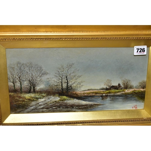 726 - THREE OIL PAINTINGS, comprising a rural river scene with a figure rowing a boat across a river, init... 