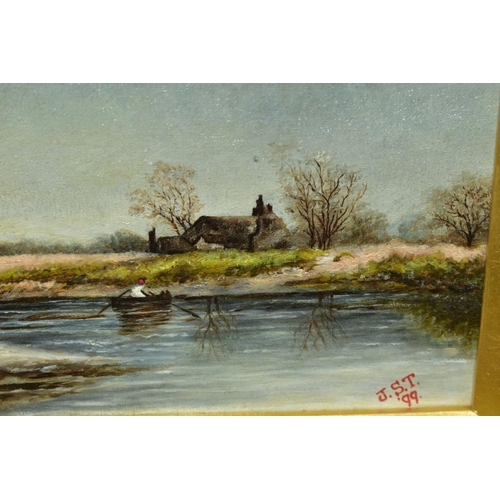 726 - THREE OIL PAINTINGS, comprising a rural river scene with a figure rowing a boat across a river, init... 