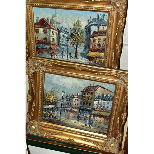 727 - BURNETT (20TH CENTURY) TWO PARISIAN STREET SCENES, signed Burnett and C. Burnett, oils on board, gil... 