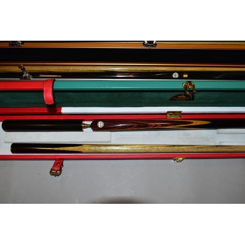 732 - A QUANTITY OF CASED WOODEN CUES BY PERADON & FLETCHER OR PERADON, mixture of one and two piece cues,... 