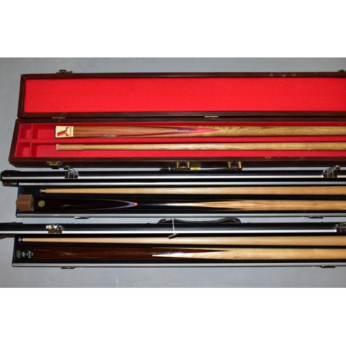 732 - A QUANTITY OF CASED WOODEN CUES BY PERADON & FLETCHER OR PERADON, mixture of one and two piece cues,... 