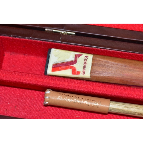 732 - A QUANTITY OF CASED WOODEN CUES BY PERADON & FLETCHER OR PERADON, mixture of one and two piece cues,... 