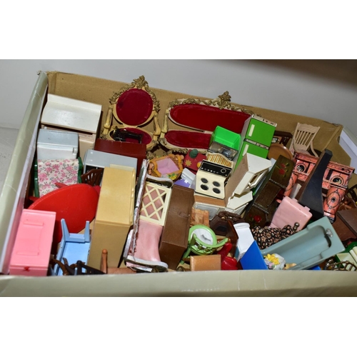 733 - THREE BOXES OF DOLL'S HOUSE FURNITURE AND ACCESSORIES, including boxed and loose modern collectors d... 