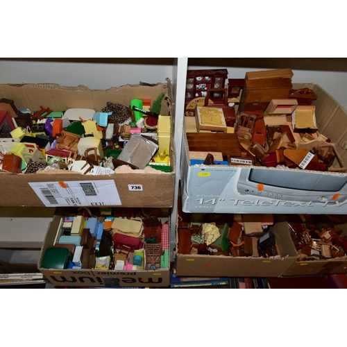 736 - FIVE BOXES OF ASSORTED WOODEN AND PLASTIC DOLLS HOUSE FURNITURE, including dressers, chests of drawe... 