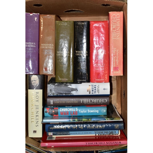 739 - BOOKS: a collection of approximately sixty titles in three boxes thematically concerning Winston Chu... 