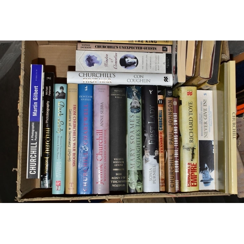 739 - BOOKS: a collection of approximately sixty titles in three boxes thematically concerning Winston Chu... 