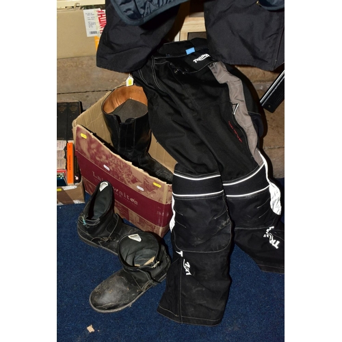 740 - A PAIR OF TRIUMPH AIRFLOW TECH MOTORBIKE TROUSERS, a pair of AKITO motorbike trousers, a Simply Deve... 