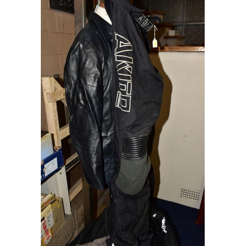 740 - A PAIR OF TRIUMPH AIRFLOW TECH MOTORBIKE TROUSERS, a pair of AKITO motorbike trousers, a Simply Deve... 