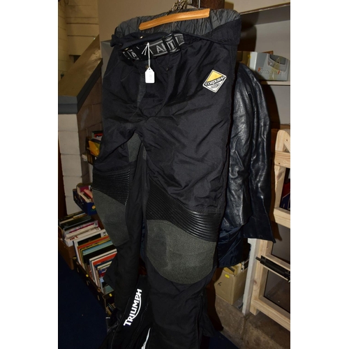 740 - A PAIR OF TRIUMPH AIRFLOW TECH MOTORBIKE TROUSERS, a pair of AKITO motorbike trousers, a Simply Deve... 