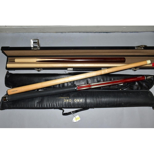 741 - A QUANTITY OF ASSORTED WOODEN CUES, all are two piece cues with no makers marks, some with extension... 