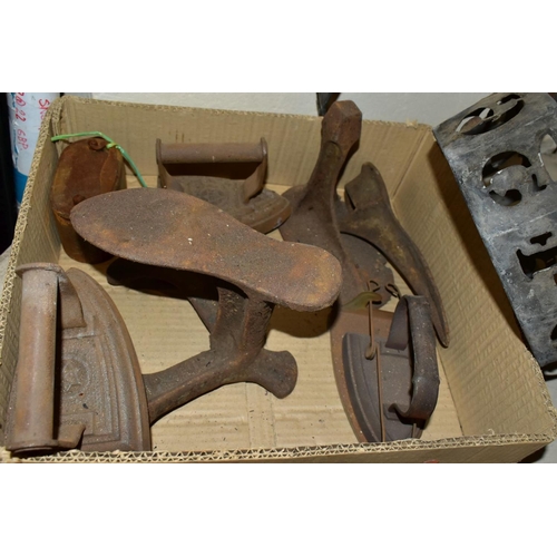 744 - A BOX OF METALWARE, including four base metal circular stencils with alphabet letter cut outs, a cas... 