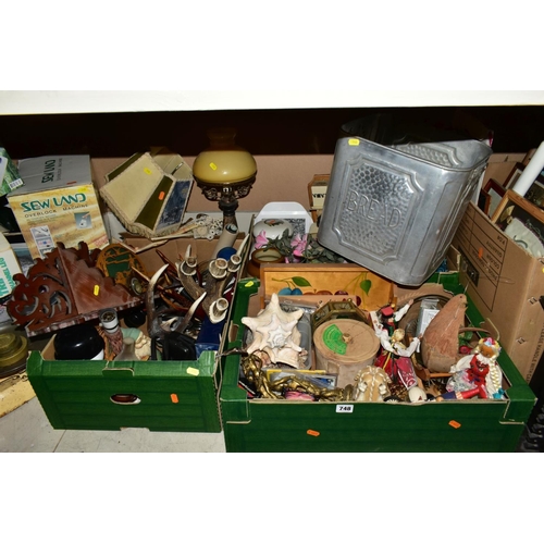 748 - SEVEN BOXES AND LOOSE MISCELLANEOUS ITEMS, including textiles, balance scales with imperial weights ... 