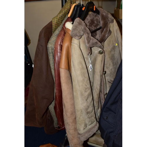 749 - FIVE MENS AND LADIES COATS AND LOOSE BAG OF MISCELLANEOUS ITEMS, including Callaghans brown wax jack... 