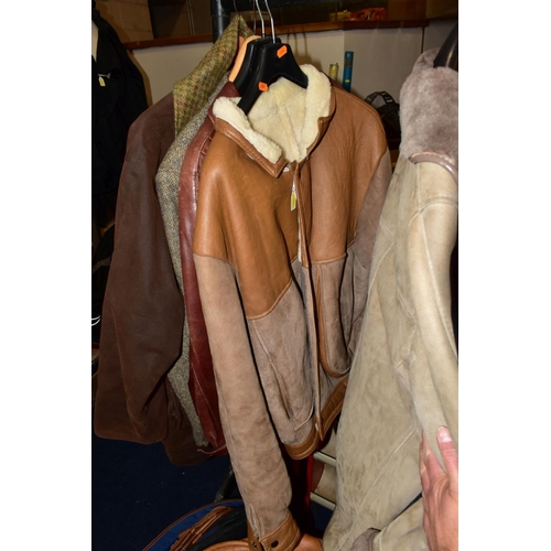 749 - FIVE MENS AND LADIES COATS AND LOOSE BAG OF MISCELLANEOUS ITEMS, including Callaghans brown wax jack... 