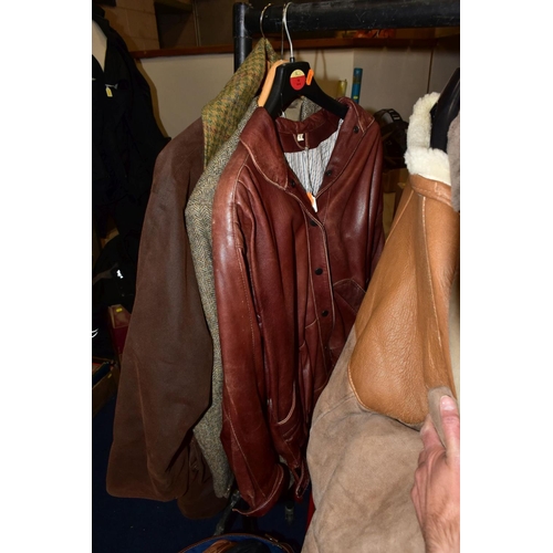 749 - FIVE MENS AND LADIES COATS AND LOOSE BAG OF MISCELLANEOUS ITEMS, including Callaghans brown wax jack... 