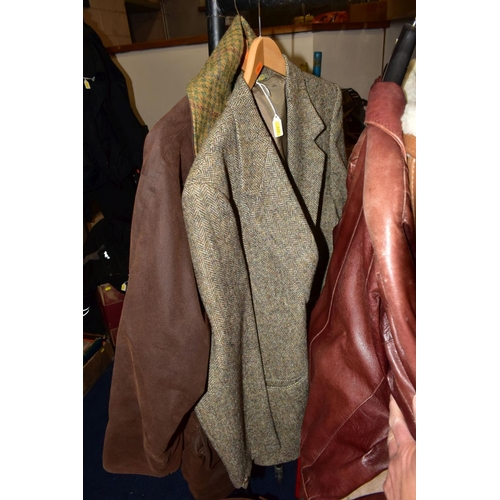 749 - FIVE MENS AND LADIES COATS AND LOOSE BAG OF MISCELLANEOUS ITEMS, including Callaghans brown wax jack... 