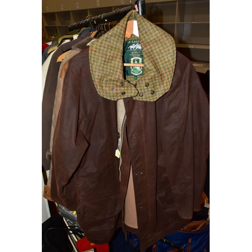 749 - FIVE MENS AND LADIES COATS AND LOOSE BAG OF MISCELLANEOUS ITEMS, including Callaghans brown wax jack... 