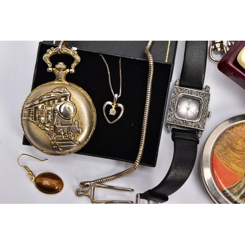 75 - A BAG OF MISCELLANEOUS ITEMS, to include two novelty pocket watches, each fitted with Albert chains,... 