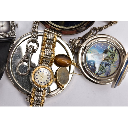 75 - A BAG OF MISCELLANEOUS ITEMS, to include two novelty pocket watches, each fitted with Albert chains,... 