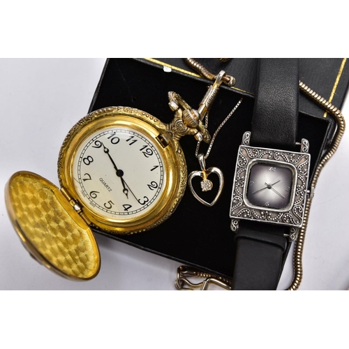 75 - A BAG OF MISCELLANEOUS ITEMS, to include two novelty pocket watches, each fitted with Albert chains,... 