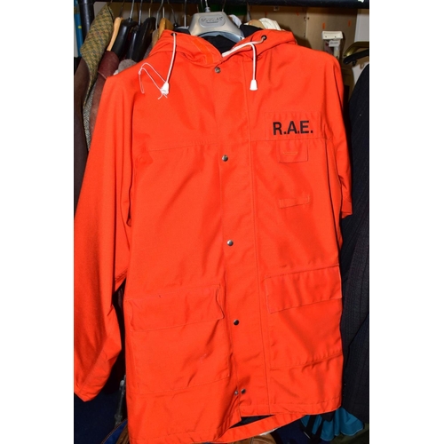 750 - A GROUP OF SIX MENS COATS AND JACKETS, a R.A.E red foul weather jacket (large) Mod ref Orange HUP RA... 