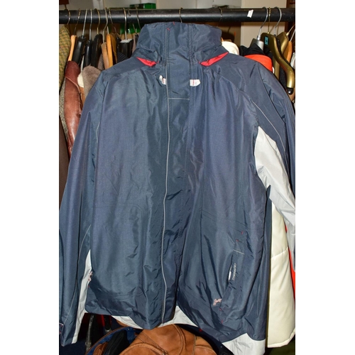 750 - A GROUP OF SIX MENS COATS AND JACKETS, a R.A.E red foul weather jacket (large) Mod ref Orange HUP RA... 