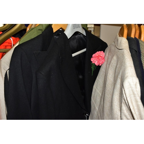 751 - A GROUP OF MENS JACKETS AND SUITS, with a box of novelty hats, caps, shirts, belts, two briefcases, ... 