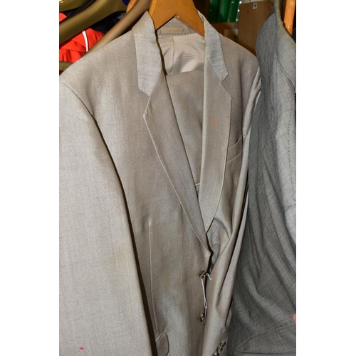 751 - A GROUP OF MENS JACKETS AND SUITS, with a box of novelty hats, caps, shirts, belts, two briefcases, ... 