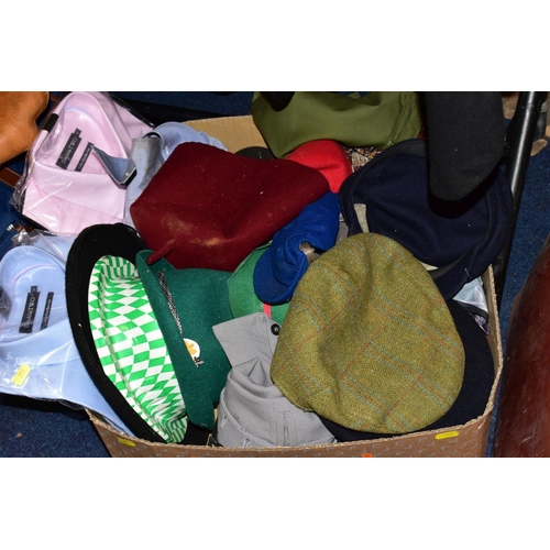 751 - A GROUP OF MENS JACKETS AND SUITS, with a box of novelty hats, caps, shirts, belts, two briefcases, ... 