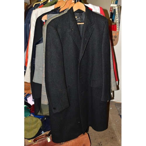 751 - A GROUP OF MENS JACKETS AND SUITS, with a box of novelty hats, caps, shirts, belts, two briefcases, ... 