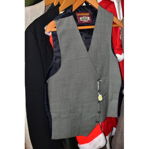 751 - A GROUP OF MENS JACKETS AND SUITS, with a box of novelty hats, caps, shirts, belts, two briefcases, ... 