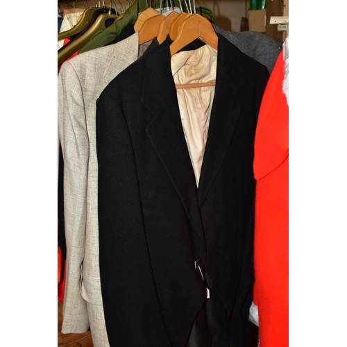 751 - A GROUP OF MENS JACKETS AND SUITS, with a box of novelty hats, caps, shirts, belts, two briefcases, ... 