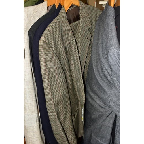 751 - A GROUP OF MENS JACKETS AND SUITS, with a box of novelty hats, caps, shirts, belts, two briefcases, ... 