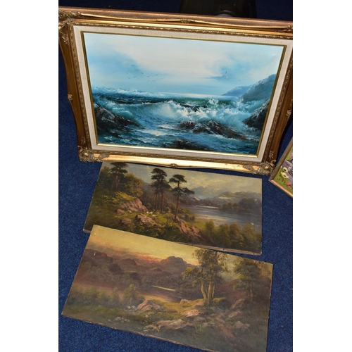 752 - ASSORTED PAINTINGS AND ABRAHAM HULK PRINT, comprising a Russell Grant? coastal oil on canvas, two la... 