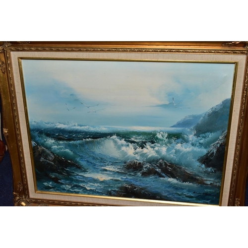 752 - ASSORTED PAINTINGS AND ABRAHAM HULK PRINT, comprising a Russell Grant? coastal oil on canvas, two la... 