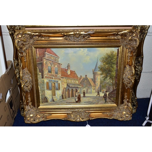 757 - G SCHROTER (20TH CENTURY),  a historic continental street scene with figures, signed bottom right oi... 