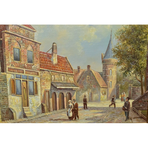 757 - G SCHROTER (20TH CENTURY),  a historic continental street scene with figures, signed bottom right oi... 